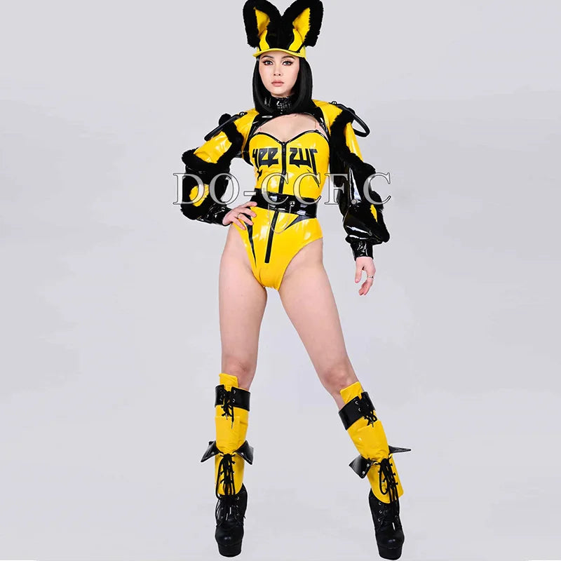 Gogo Dance Clothes Showgirl Stage Costume Black Yellow Bodysuit Drag Queen Outfit Nightclub Party Rave Clothing Jazz Dance 3097