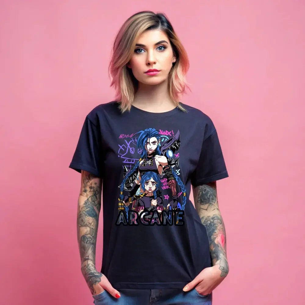 Jinx Arcane T-Shirt Japanese Anime Cartoon Jinx Black T-Shirt 044  Graphic T Shirts  Oversized T Shirt Women's Clothing