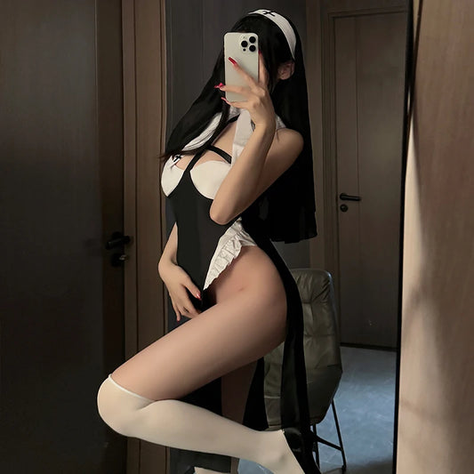 Sexy Nun Halloween Costumes Uniform Cosplay Lingerie Tempting Uniform Party Performance Slit Dress Attractive Seduce Clothing