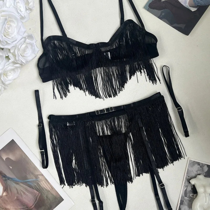 Toucheart Sexy Lingerie for Women Solid Color Tassel Patchwork Mesh See-through 5-piece Set Garters Women's Underwear Halter Bra