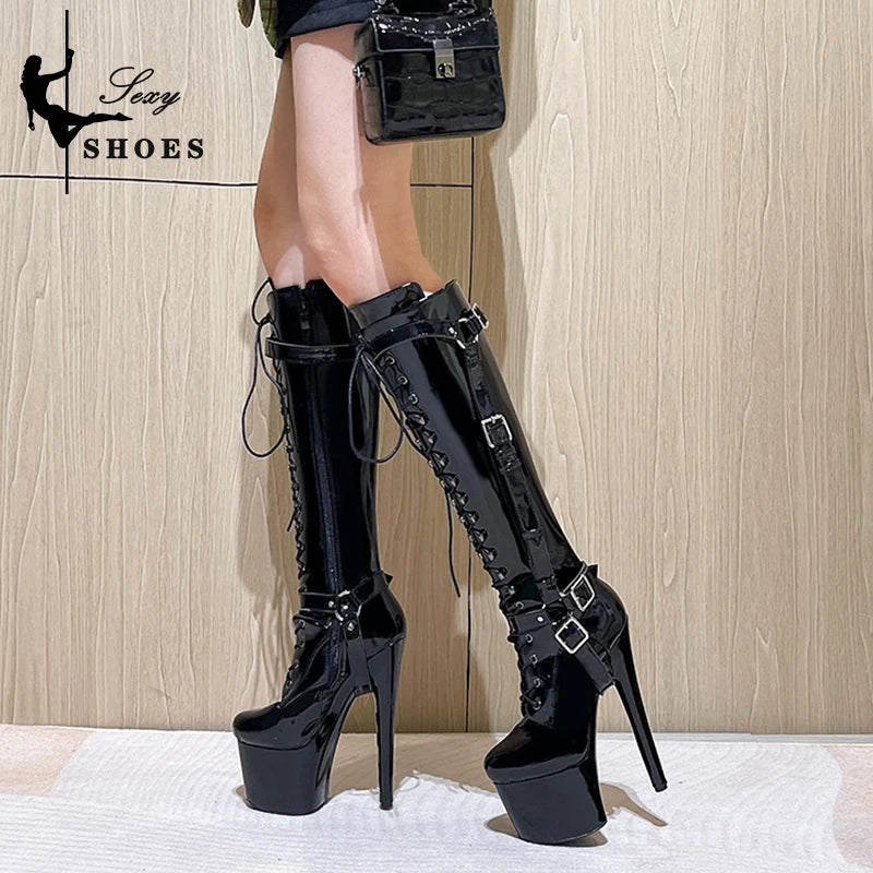 Women Erotic Red T-tied Knee-High Boots Pole Dancing Fashion Boots Zip Stiletto Gothic Fetish Long Boots Stripper Shoes