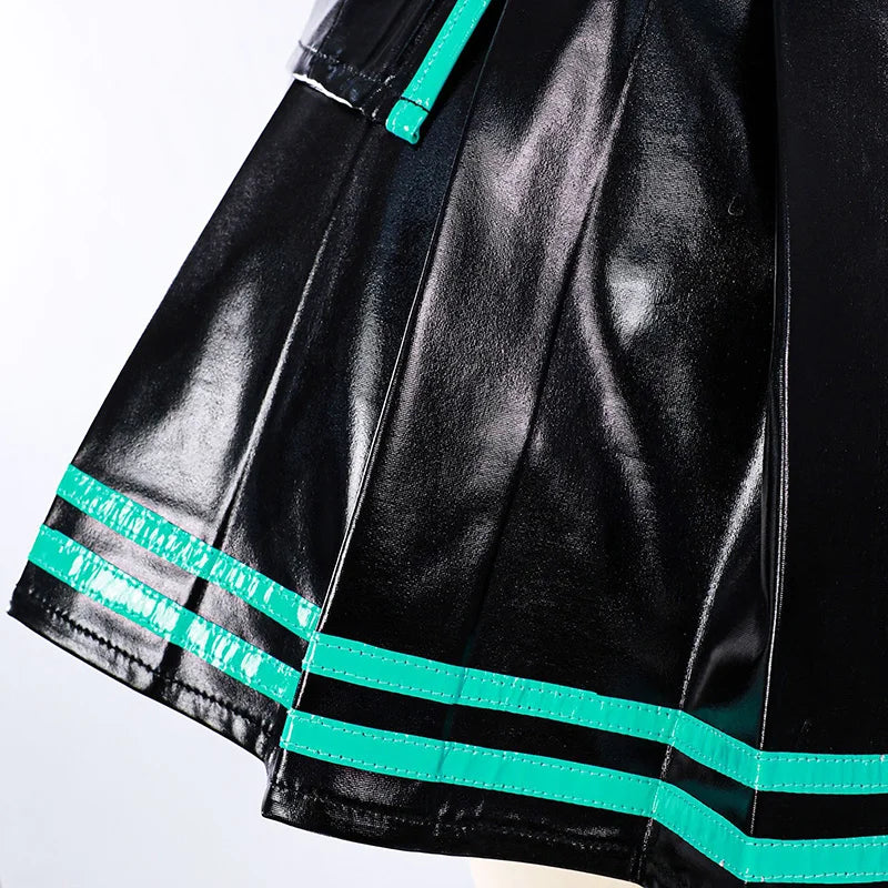 Black Green Leather Miku Cosplay Costume Wig Patent Leather Latex Women Girl Uniform Dress Anime Halloween Carnival Party Outfit
