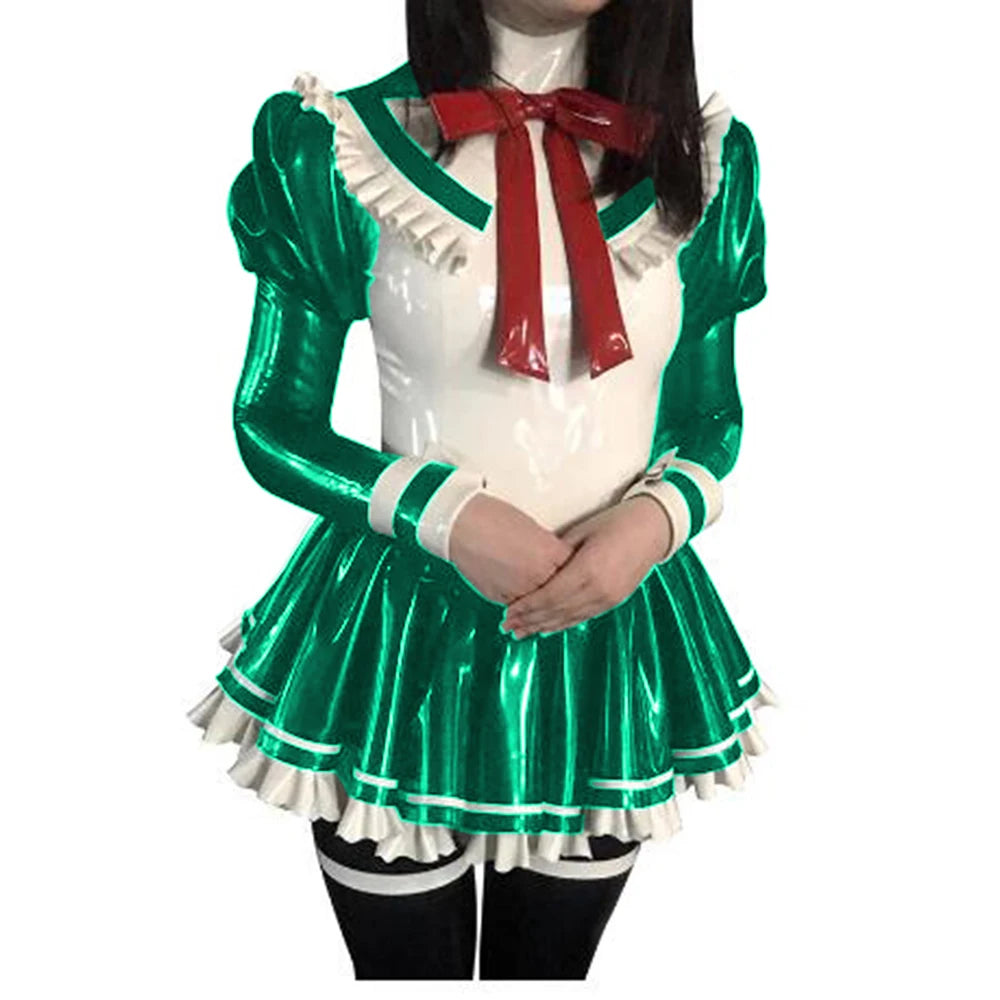 Cosplay Custom Mini Dress Sexy Faux Latex French Maid Club Dresses Long Puffs Sleeves Ruffles PVC Uniform Outfit Clubwear