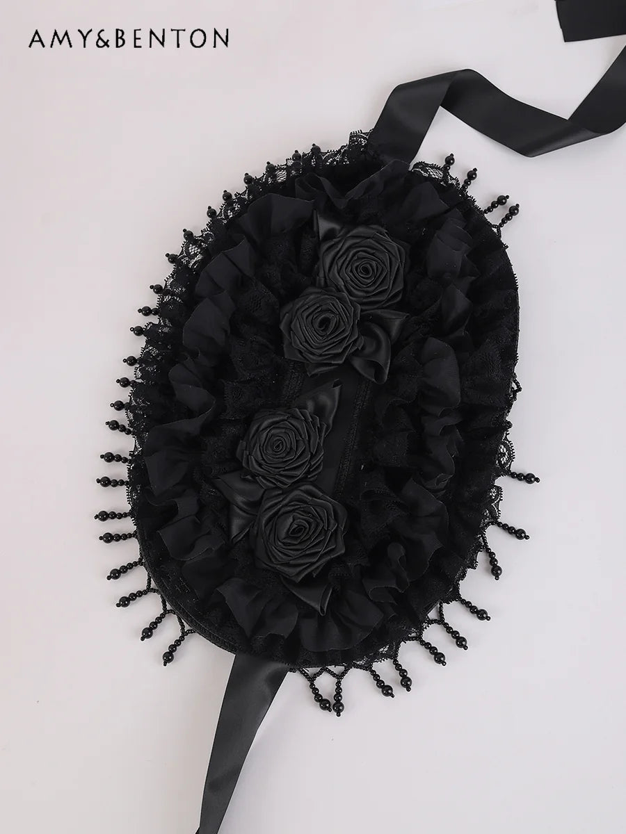 Original Handmade Gothic Dark Cosplay Lolita Hat Subculture Punk Style Black Pearl Fringed Lace Rose Hats Halloween Hat Women