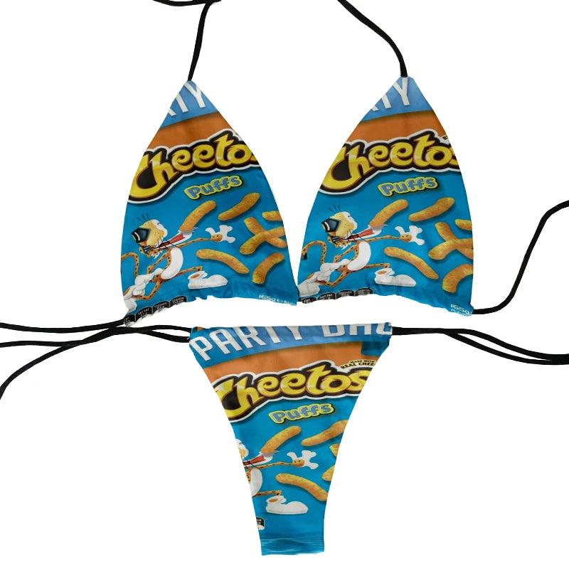 Funny food and potato chip print summer swimsuit women sexy bikini panties thong G-string swimming trunks beachwear