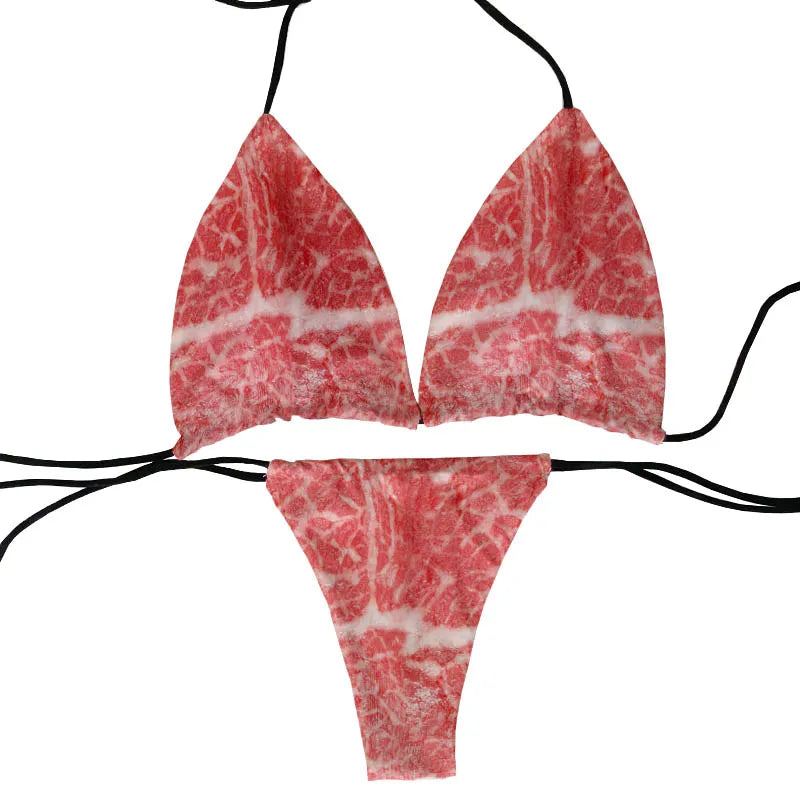 Funny pork belly pattern printed bikini set personality fashionable skinny bikini deep V summer beachwear party bikini