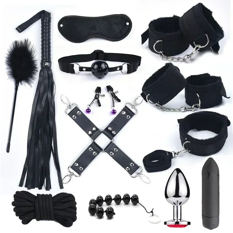 ASHBURN Bdsm 10 Speeds Vibrator Bondage Set Metal Sex Toys for Women Men Handcuffs Sex Nipple Clamps Whip Spanking Rope
