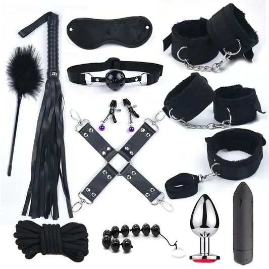 ASHBURN Bdsm 10 Speeds Vibrator Bondage Set Metal Sex Toys for Women Men Handcuffs Sex Nipple Clamps Whip Spanking Rope