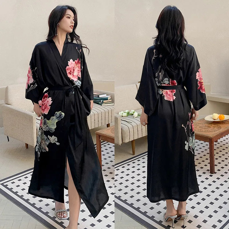 Satin Pajamas Womens Robe for Summer Plus Size Luxury Design Fashion Printing Silk Cool Long Style Bathrobe Womens Long Robes