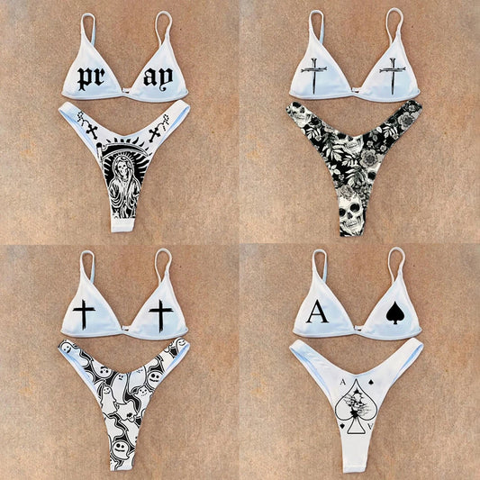 Gothic Bikini 2025 Women Skull Cross Print Bra Thong Swimsuit Split Bathing Suit Underwear Y2K Bikinis Swimwear