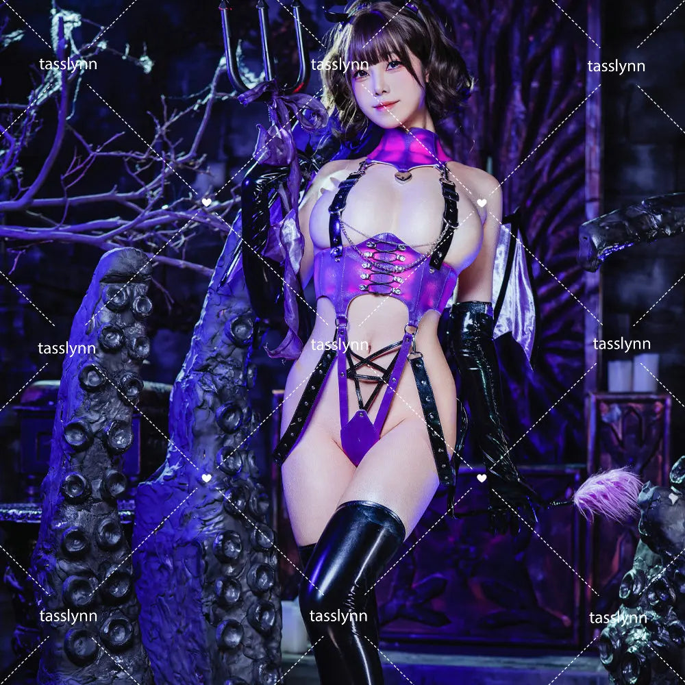 Sexy Patent Leather Purple Little Devil Succubus Cosplay Costumes Original  Dress Enchanting Little Demons Halloween Dark Series
