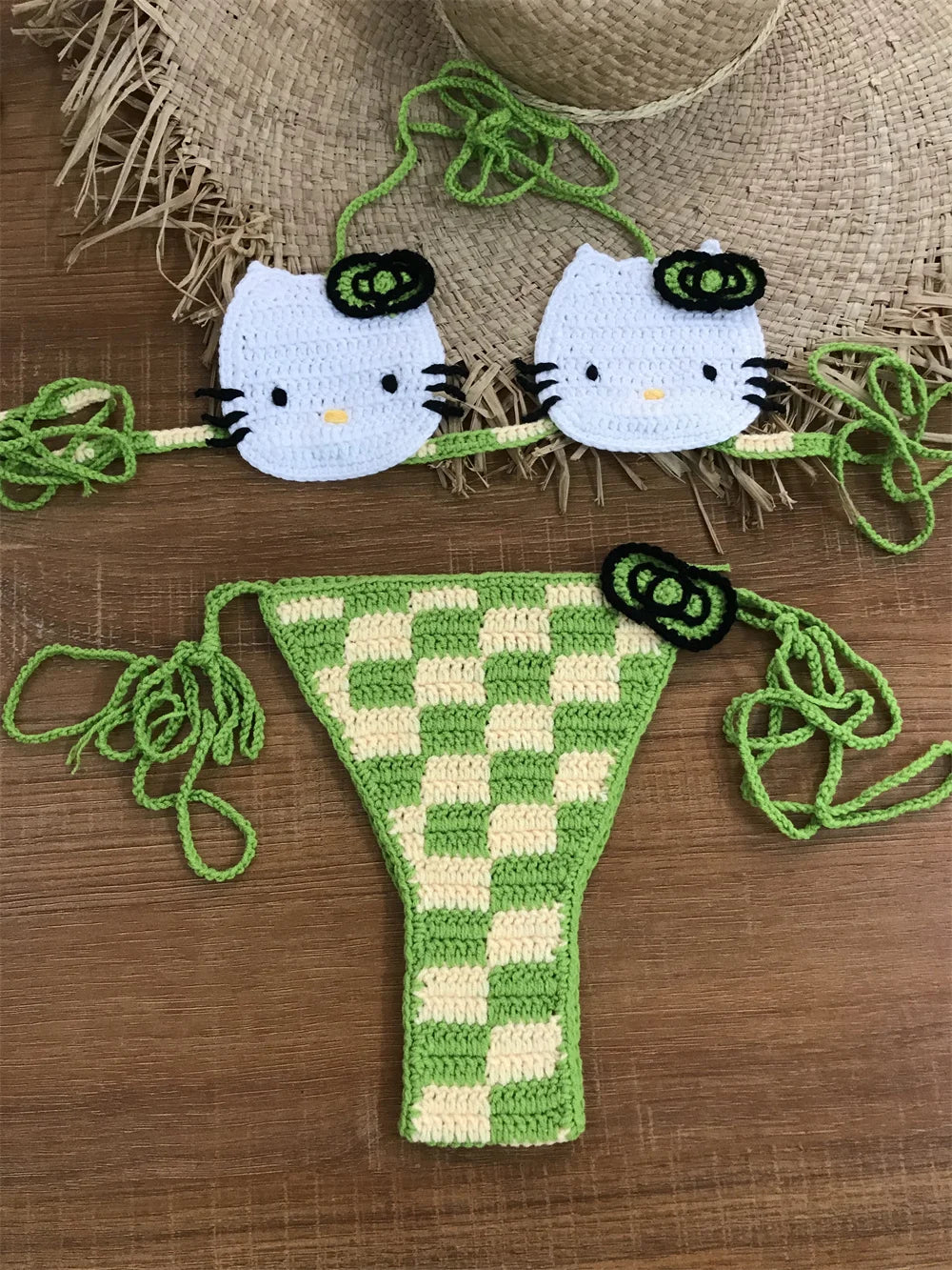 100% Handmade Crochet Brown Bikini Set Swimwear Beachwear Outfit Island Crochet Bikini Bow Cute Bathing Suit Women DIY clothing