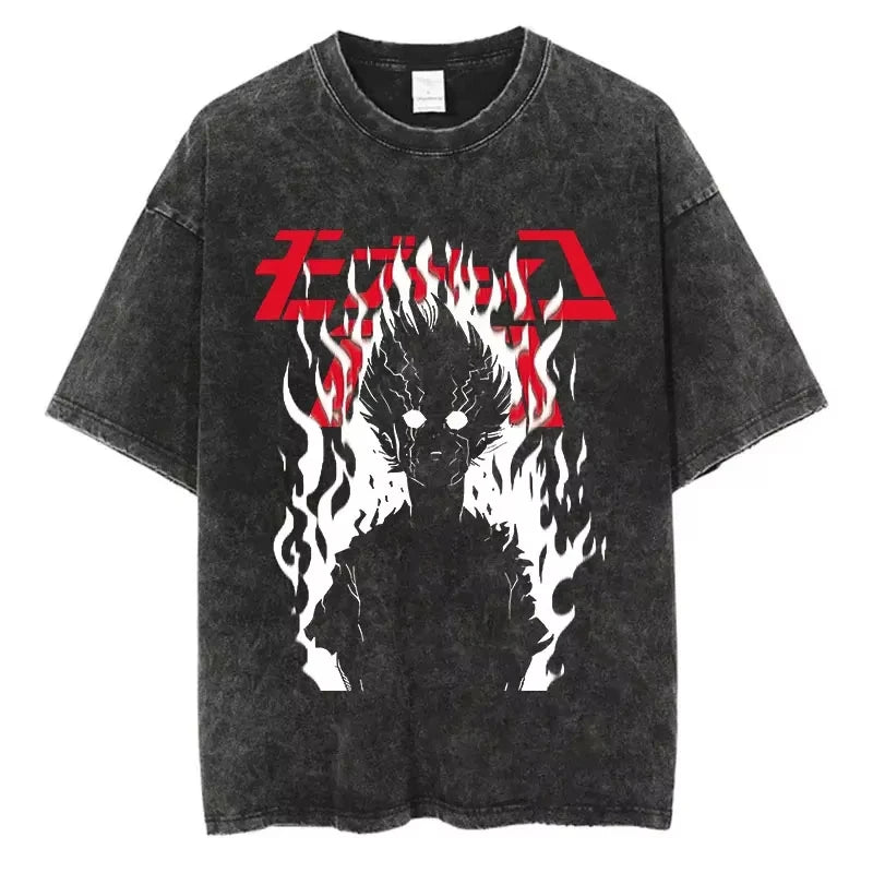 Vintage Black Washed Cotton Tees Shirts Anime Graphic Tshirts for Men Women Casual Short Sleeve Tops Cosplay Hip Hop Streetwear
