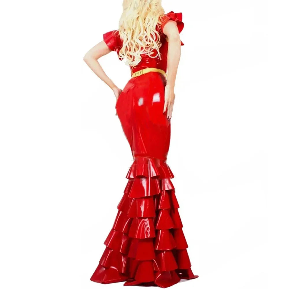 Plus Size Sexy V Neck Hobble Dress Vestido PVC Leather Short Sleeve Slim Ruffled Design Bodycon Maxi Dress Banquet Venue Gown