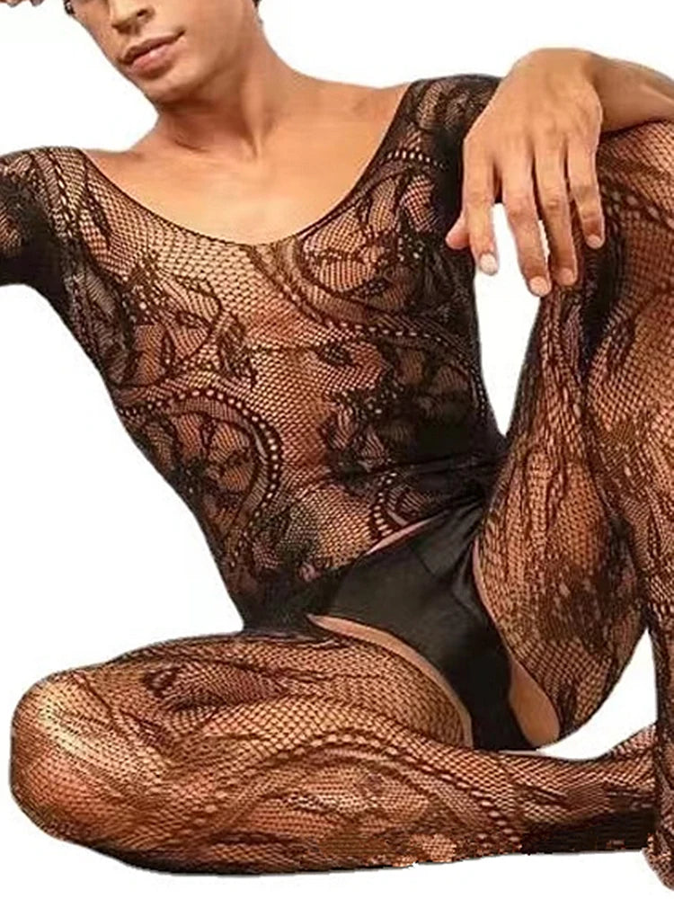 Fishnet Man Body Stockings Fetish Lingerie Sissy Bodysuist Sexy Men's Nightwear Male Fishnet Underwear Guy Erotic Club Wear