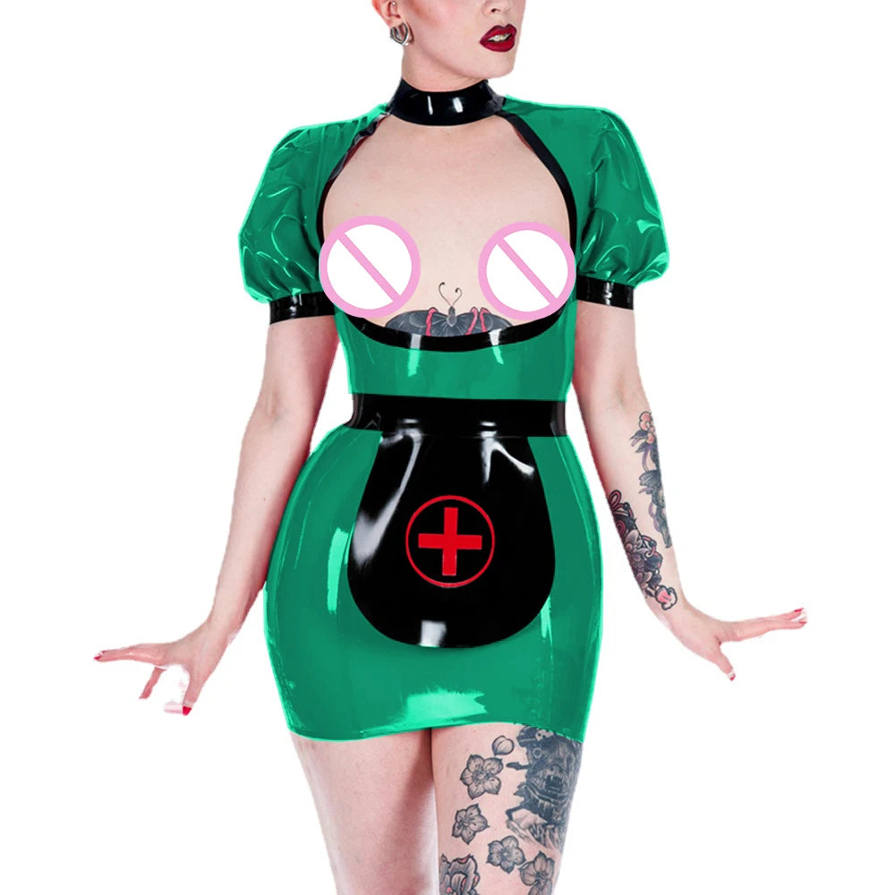 Sexy Shiny PVC Open Chest Apron Nurse Uniform Exotic Party Hip Exposed Bodycon Mini Dress Fetish Cosplay Costumes Role Play Set