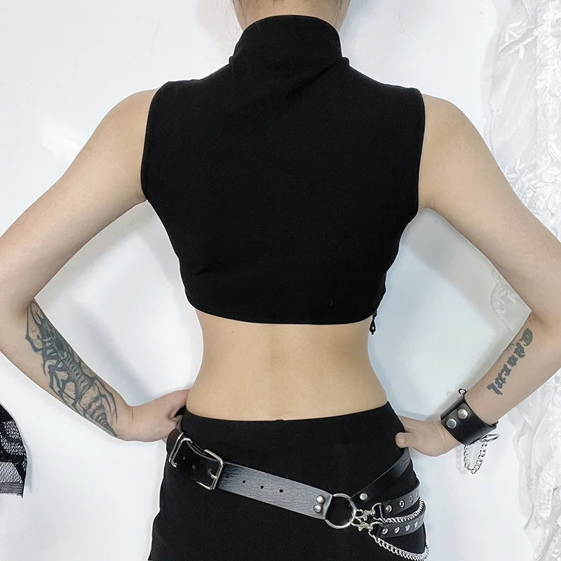 Goth Dark Cyber Y2K Skinny Turtleneck Tank Top Sexy Moon Chain Tassel Sleeveless Crop Tops Gothic Women Punk Streetwear Alt Vest
