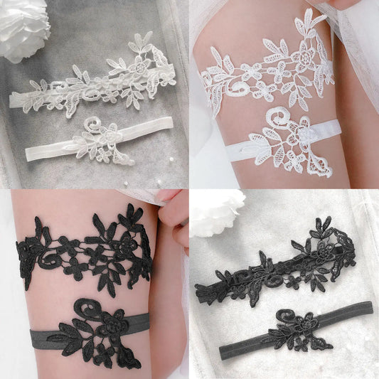 2pcs Women Leg Garter Sexy Embroidery Flowers Black White Leg Ring Stockings Garters Thigh Bands Wedding Dress Party Decoration