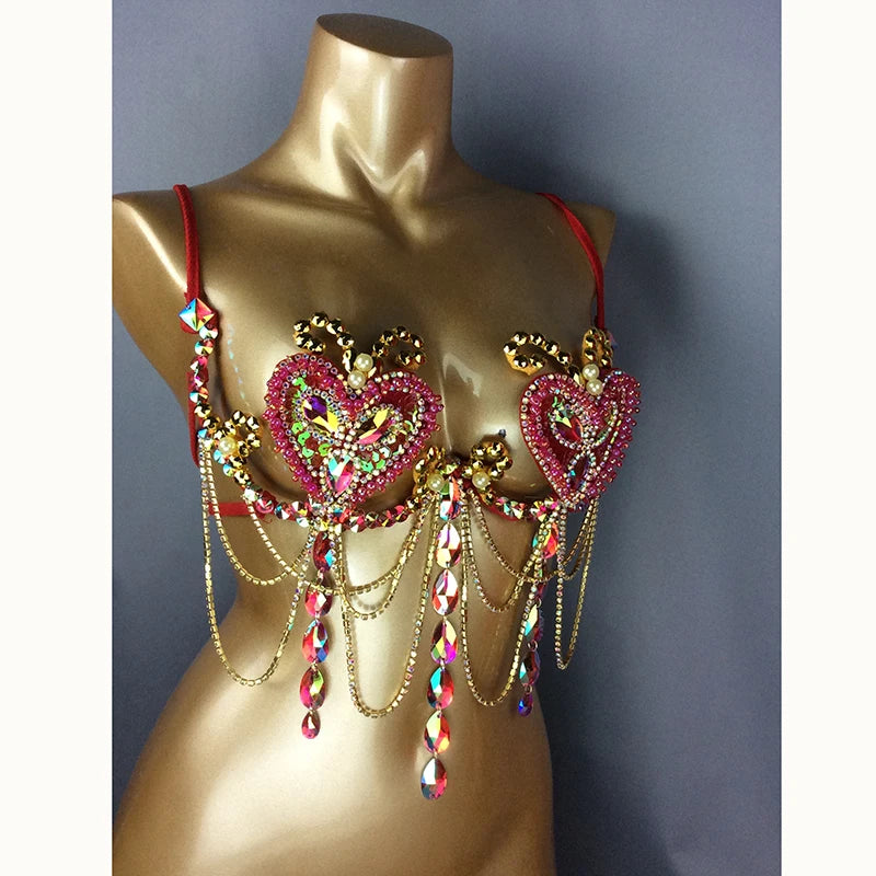 Samba Carnival Bra Rainbow Pink & RED Stone Belly dancing WIRE BRA message to order direct from Ashburn.