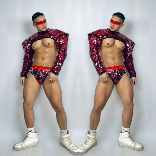 Club Party Show Performance costume Bar Nightclub sexy Technology show men RED Mirror Sequins Muscle Man Pole Dance Outfits