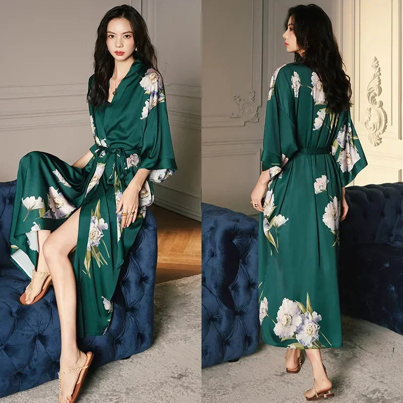 Satin Pajamas Womens Robe for Summer Plus Size Luxury Design Fashion Printing Silk Cool Long Style Bathrobe Womens Long Robes