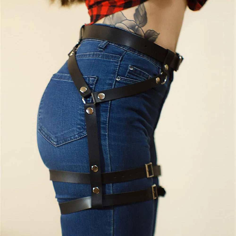 Studded Decor Harness Belt Sexy Leg Harness Suspenders Pu Leather Thigh Garter Harness for Women Harness Clothing Accessories