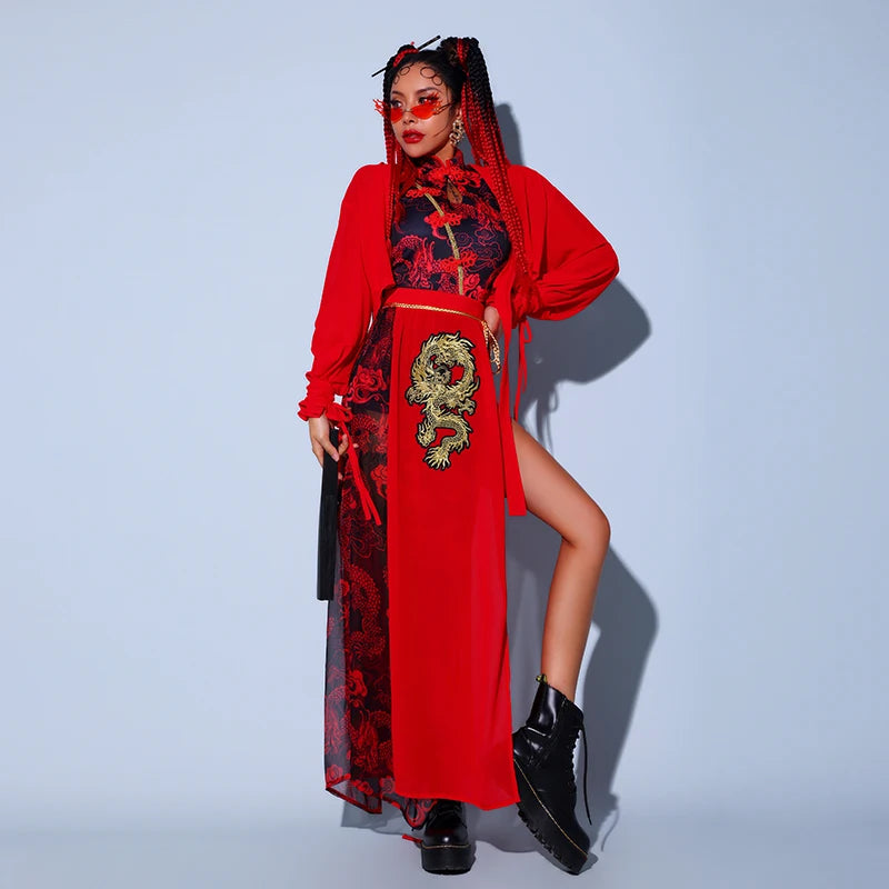 Red Festival Outfits Hip Hop Clothes For Adults Gogo Dance Stage Costumes Chinese Style Women'S Jazz Performance Clothes