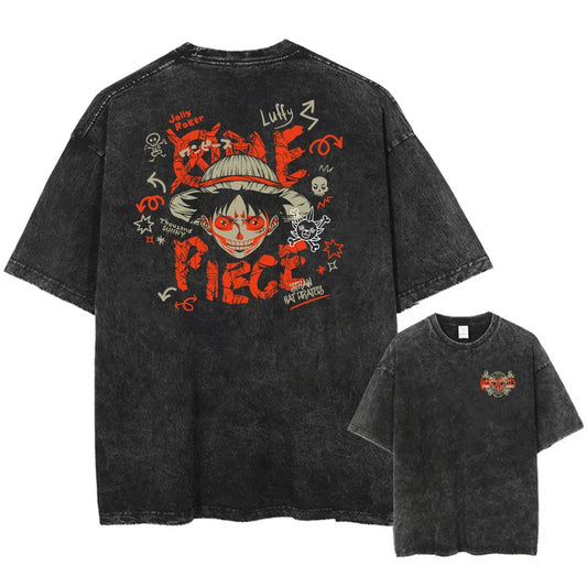 Anime Printed T Shirt 100% Cotton Summer Oversized Tops Graphic Acid Washed Short Sleeves Manga Vintage Hip Hop Men Tees Unisex