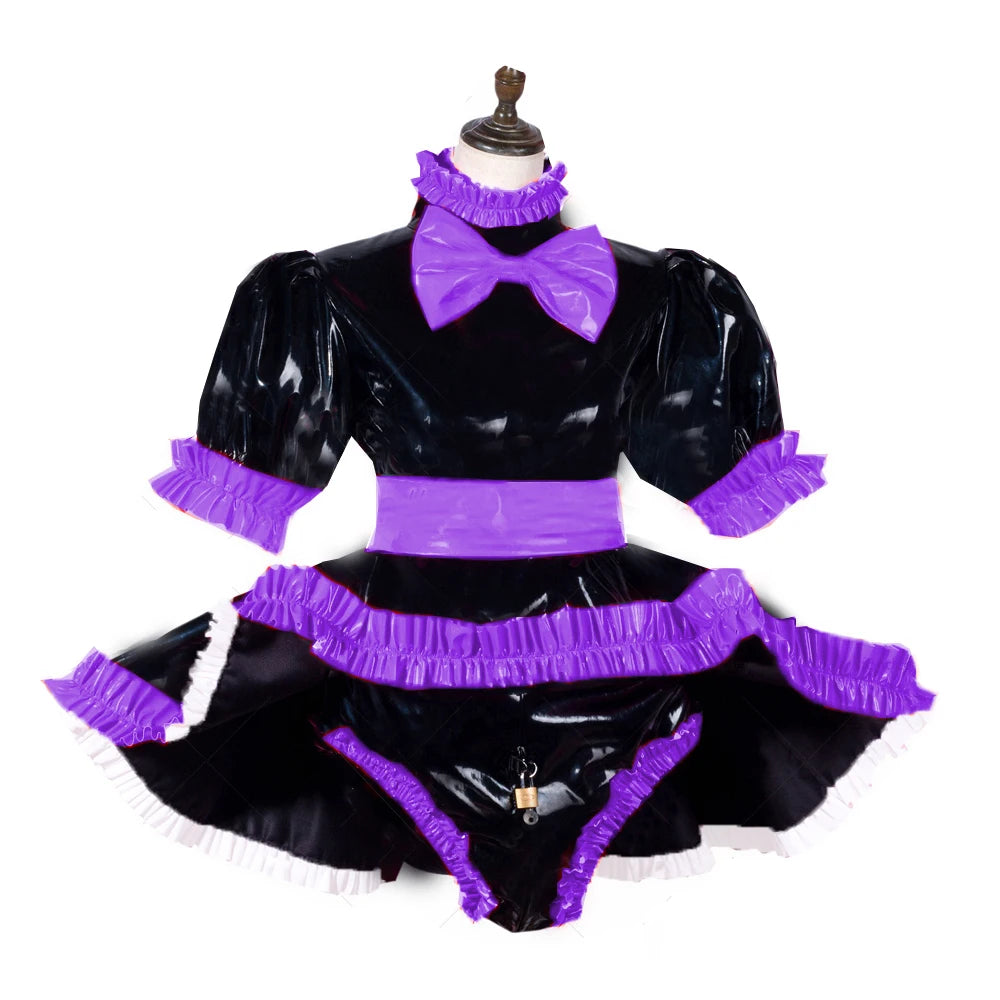 lockable dress Role Play Maid Dress with Apron Lockable Panties French Sissy PVC Short Sleeved Dress Lockable Uniform XS-7XL