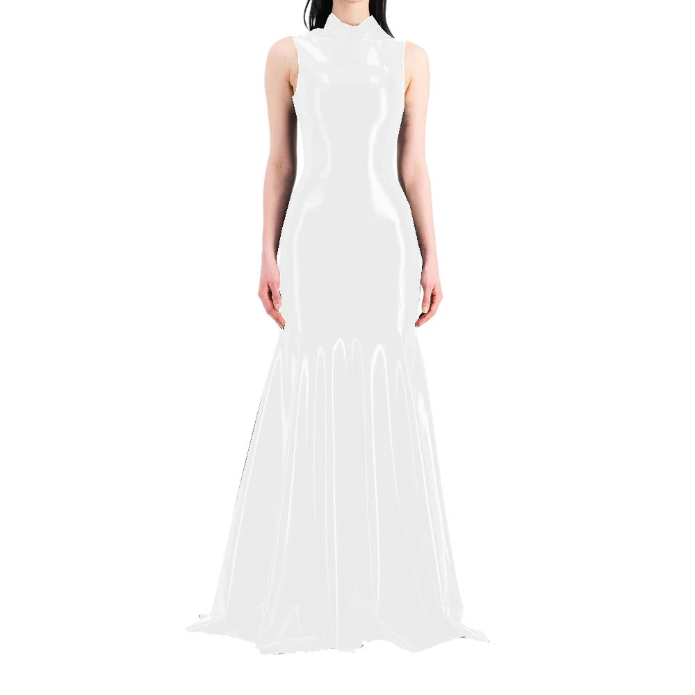 Women's Sleeveless Half High Neck Wet Look PVC Maxi Dress, Faux Latex Mermaid Floor-Length Dress, Party Club Fetish Outfit,