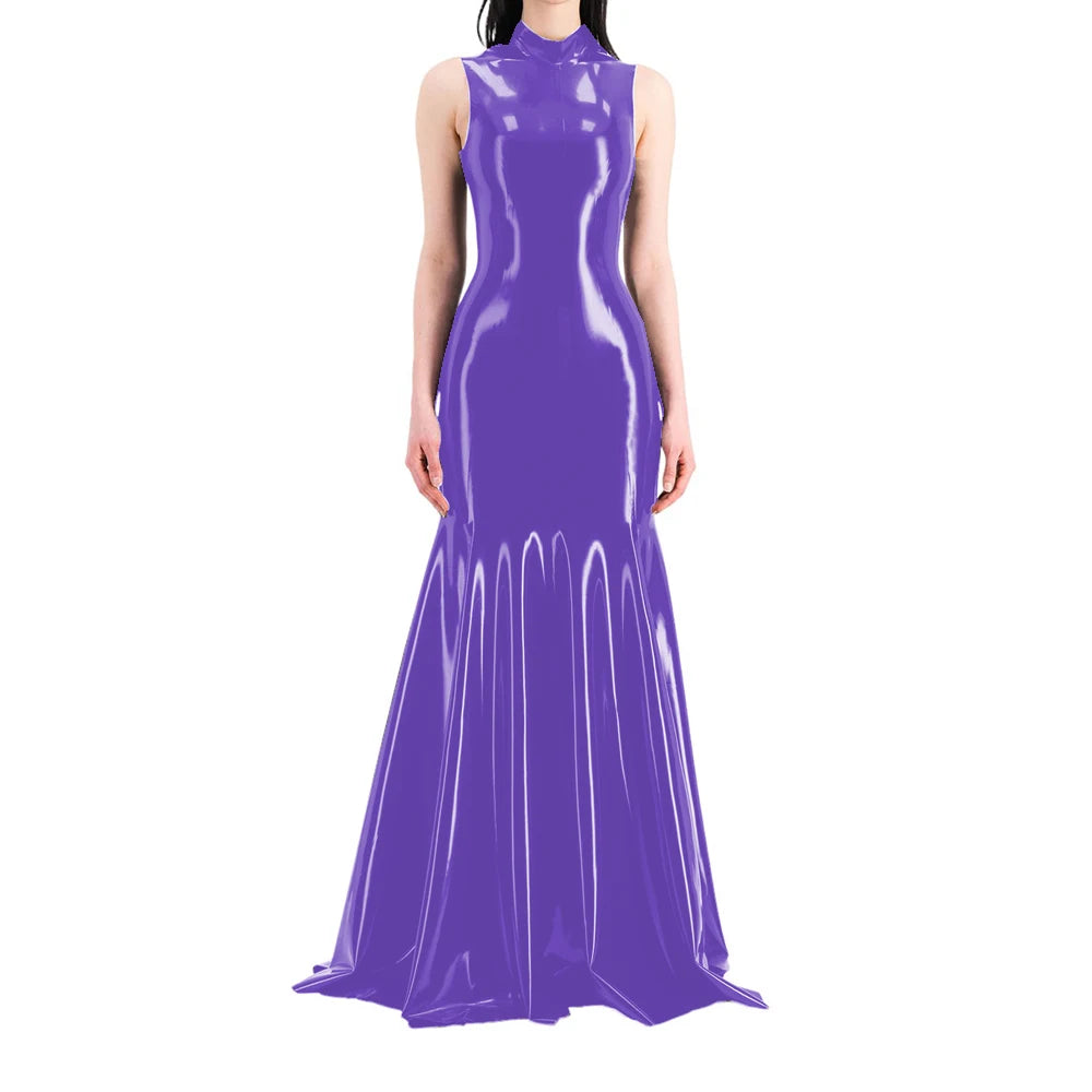 Women's Sleeveless Half High Neck Wet Look PVC Maxi Dress, Faux Latex Mermaid Floor-Length Dress, Party Club Fetish Outfit,