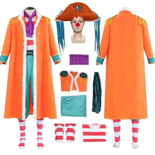 Disguise Clown Buggy Cosplay Hat Tie Coat Pants Clothing Anime Pirate Costume Adult Men Roleplay Fancy Dress Up Party Clothes