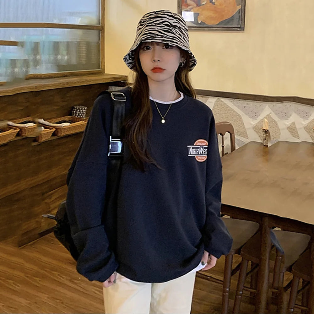 Autumn Thin Pullovers Casual Sweatshirt 2024 Women Loose Round Neck Sweatshirt Vintage Long Sleeve Printed Sweatshirt