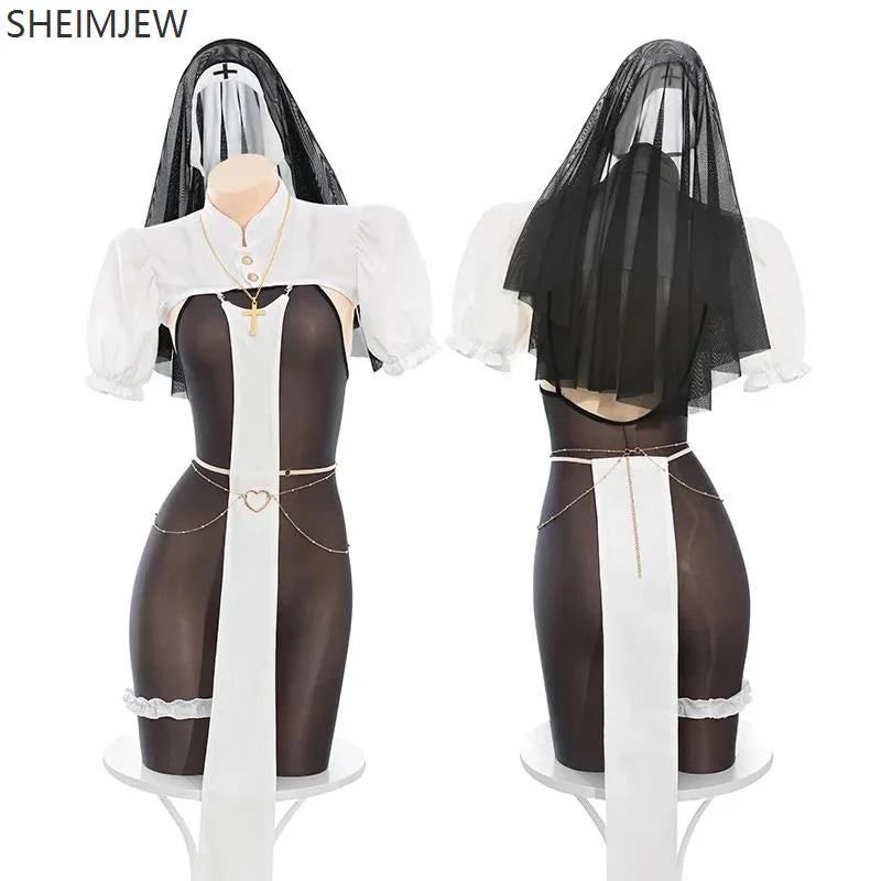 Women Sexy Nun Cosplay Costume Halloween Adult See-through Maid Open Crotch Jumpsuit With Veil Carnival Party Nightclub Bar Suit