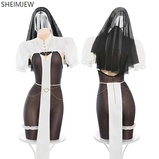 Women Sexy Nun Cosplay Costume Halloween Adult See-through Maid Open Crotch Jumpsuit With Veil Carnival Party Nightclub Bar Suit