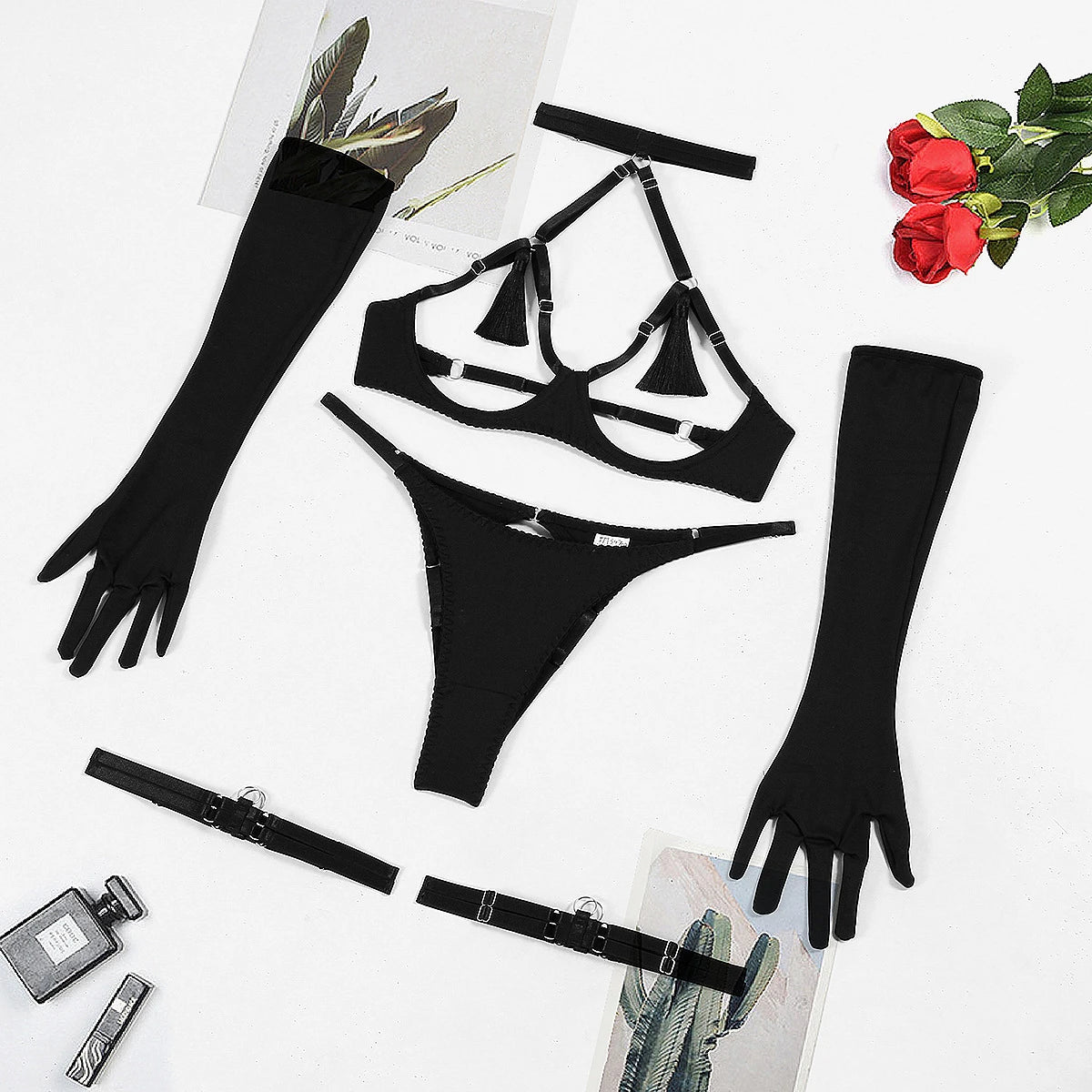 Ashburn Sexy Female Lingerie Tassel Lingerie Set Women Out Sexy Erotic Set Solid Brief Tassel Hot Temptation Women's Underwear
