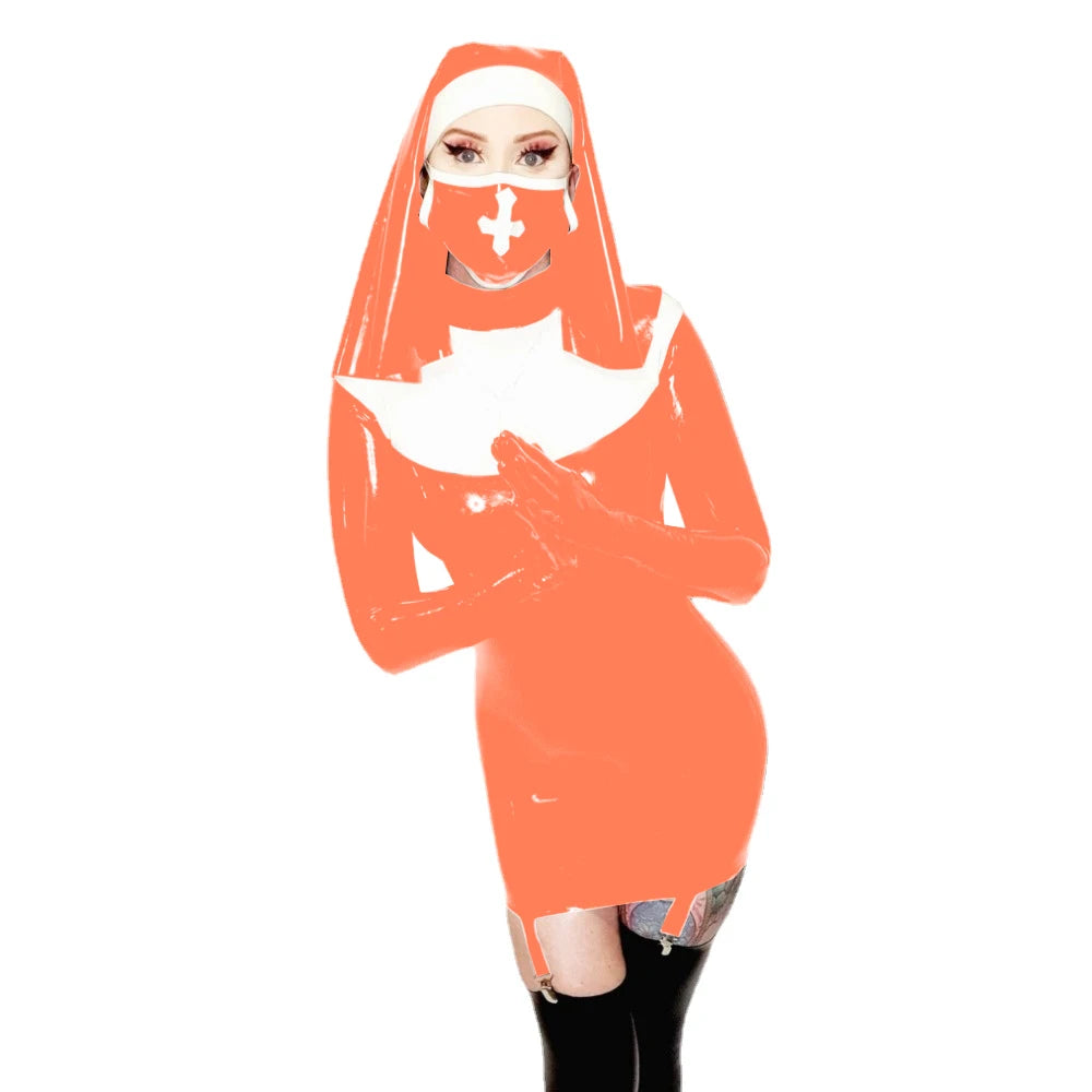 Sexy Nun Cosplay Long Sleeve Bodycon Mini Garter Dress Vinyl PVC Leather High Neck Nun Dress Outfit Halloween Nun Uniform Suit