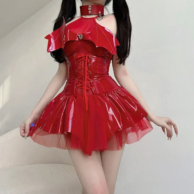 A Litter Of Bears Women Sexy Clubwear Anime Red Devil Erotic Lingerie PU Leather Bandage Temptation Halter Neck Vampir 2025 New
