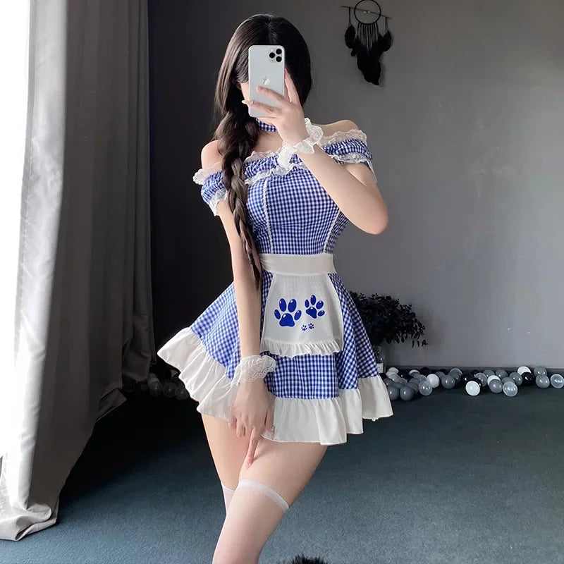 Cute Waiter Roleplay Costumes Lolita Blue Plaid Dress Cosplay Maid Uniform Women Kawaii Servant Outfits Passion Lingerie Pajamas