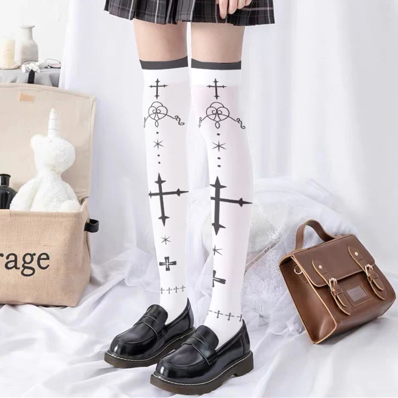Gothic Cross Printed Lolita Socks For Women Girl Punk Velvet Over Knee Sock Cosplay Anime Thigh High Halloween Stockings
