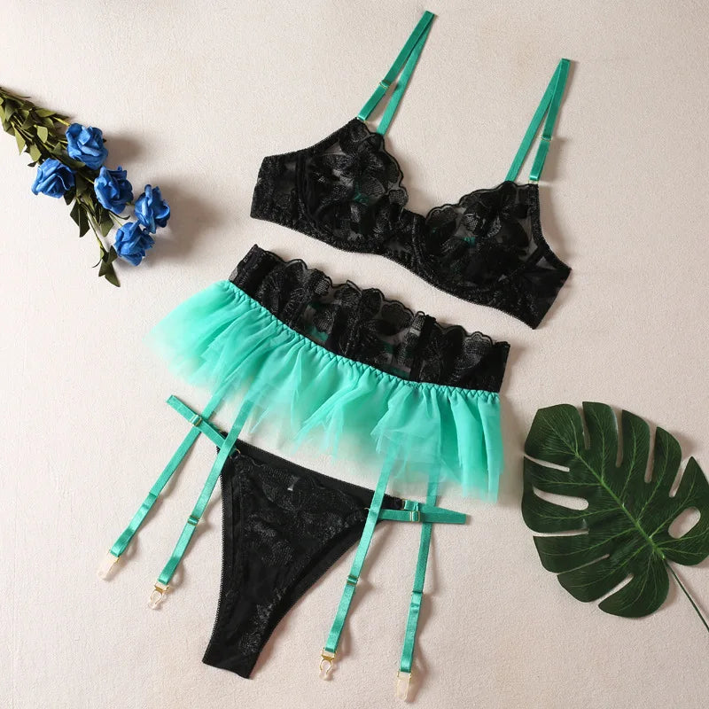 Toucheart 3 Piece Set Lingerie Garter Sets Lingerie For Woman Sexy Mini Skirt See-Through Embroidered Bra Erotic Underwear New