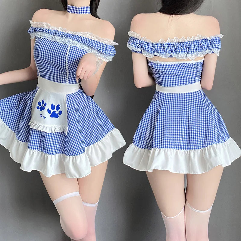 Cute Waiter Roleplay Costumes Lolita Blue Plaid Dress Cosplay Maid Uniform Women Kawaii Servant Outfits Passion Lingerie Pajamas