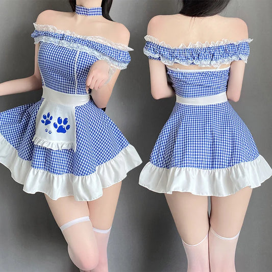Cute Waiter Roleplay Costumes Lolita Blue Plaid Dress Cosplay Maid Uniform Women Kawaii Servant Outfits Passion Lingerie Pajamas