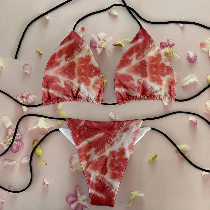 Funny pork belly pattern printed bikini set personality fashionable skinny bikini deep V summer beachwear party bikini