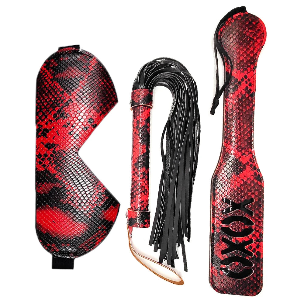 3pcs Bondage Kits Snake Leather Restraint BDSM Sets XOXO Paddle Spanking Whip and Blindfold Bondage Sex Toy for Couples