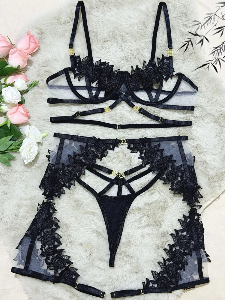Ashburn Sexy Lingerie Suit for Women Mesh Embroidery Patchwork Perspective Sexy Lingerie Women's Black Flower Hollow Underwear