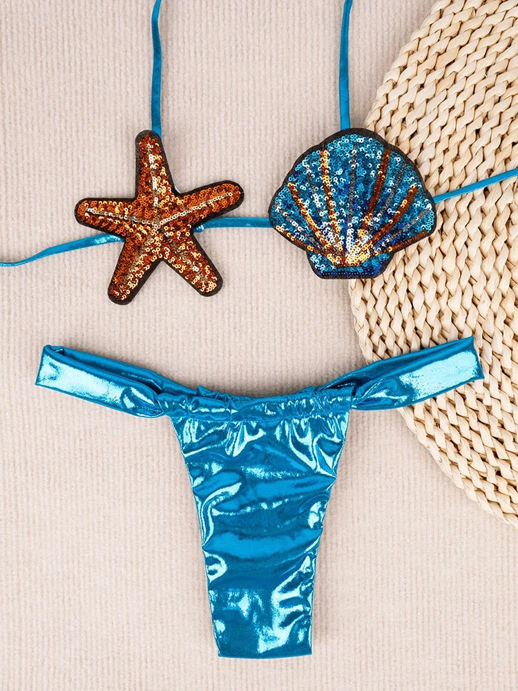 Women Sexy Laced Up Backless Pleate Thong Swimsuit 2025 New Summer Swimwear Shiny Sequin Shell Starfish Bikini 2 Piece Set