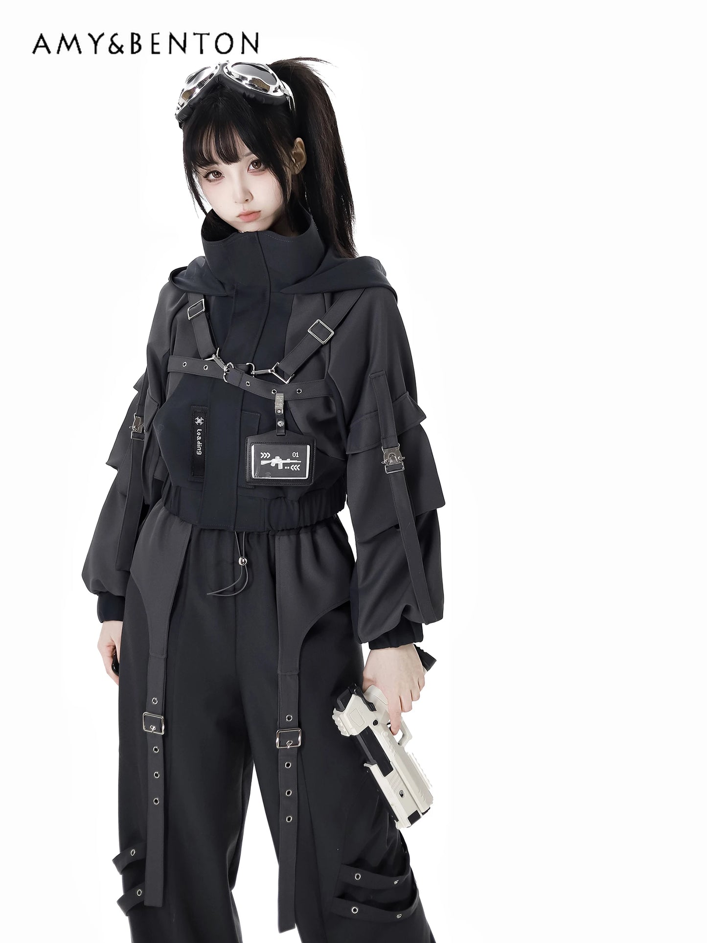 Gothic Splicing Mechanical Style Sets Sweet Cool Hooded Oversized Zipper Jacket Elastic Waist Casual Trousers Subculture Outfits