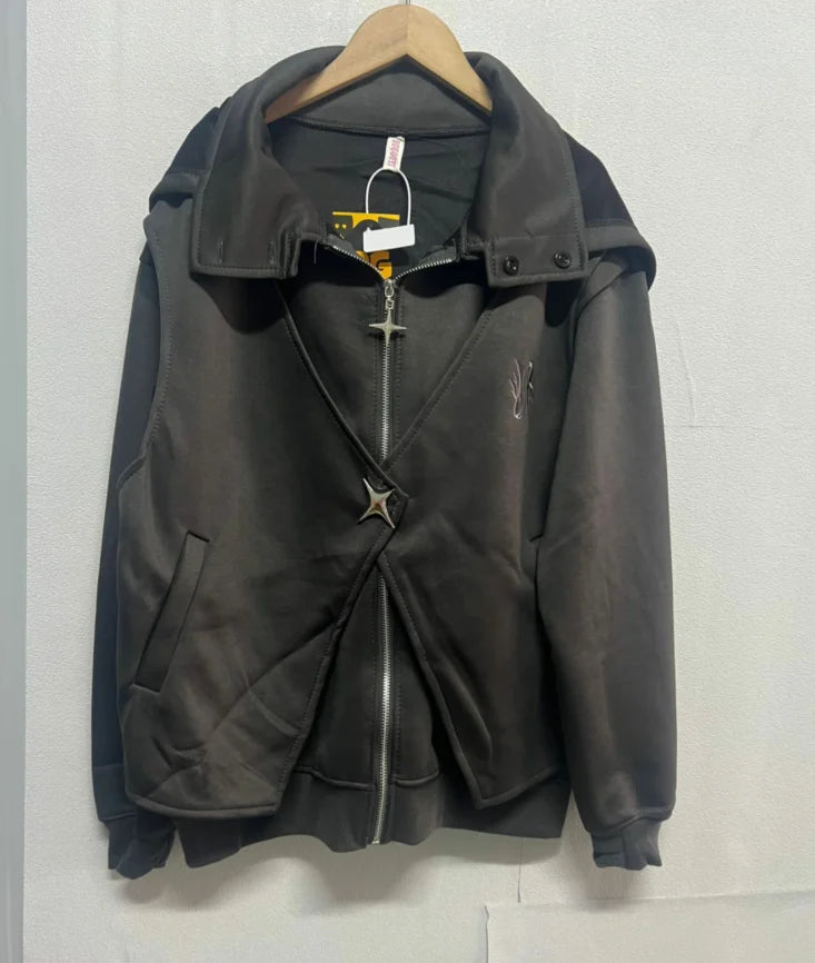 Fake Two Pieces Vintage Loose Zipper Sweatshirts Women Casual Streetwear Grunge Coats Y2k Aesthetic Oversized Stand Neck Hoodies