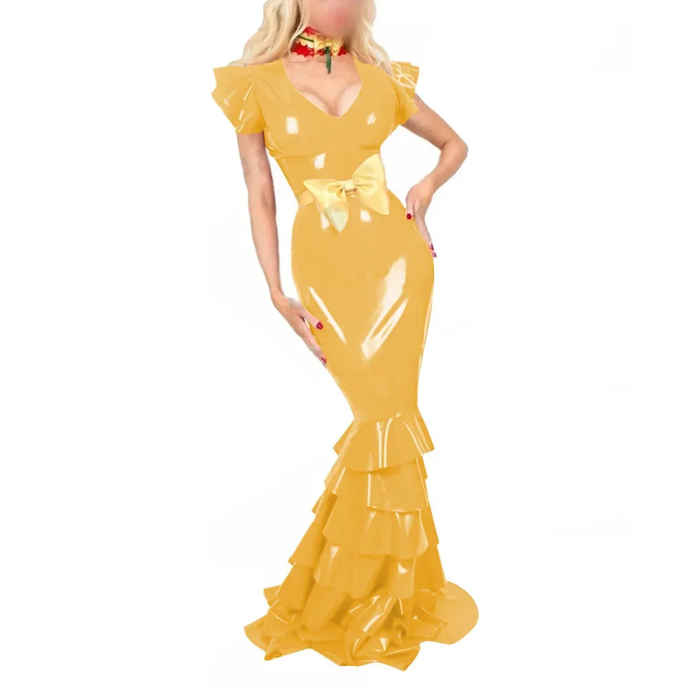 Plus Size Sexy V Neck Hobble Dress Vestido PVC Leather Short Sleeve Slim Ruffled Design Bodycon Maxi Dress Banquet Venue Gown